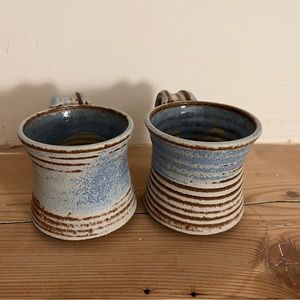 Vintage Earthy Beige Two tone Stoneware Pottery Coffee/Tea Mug Cup Set of Two